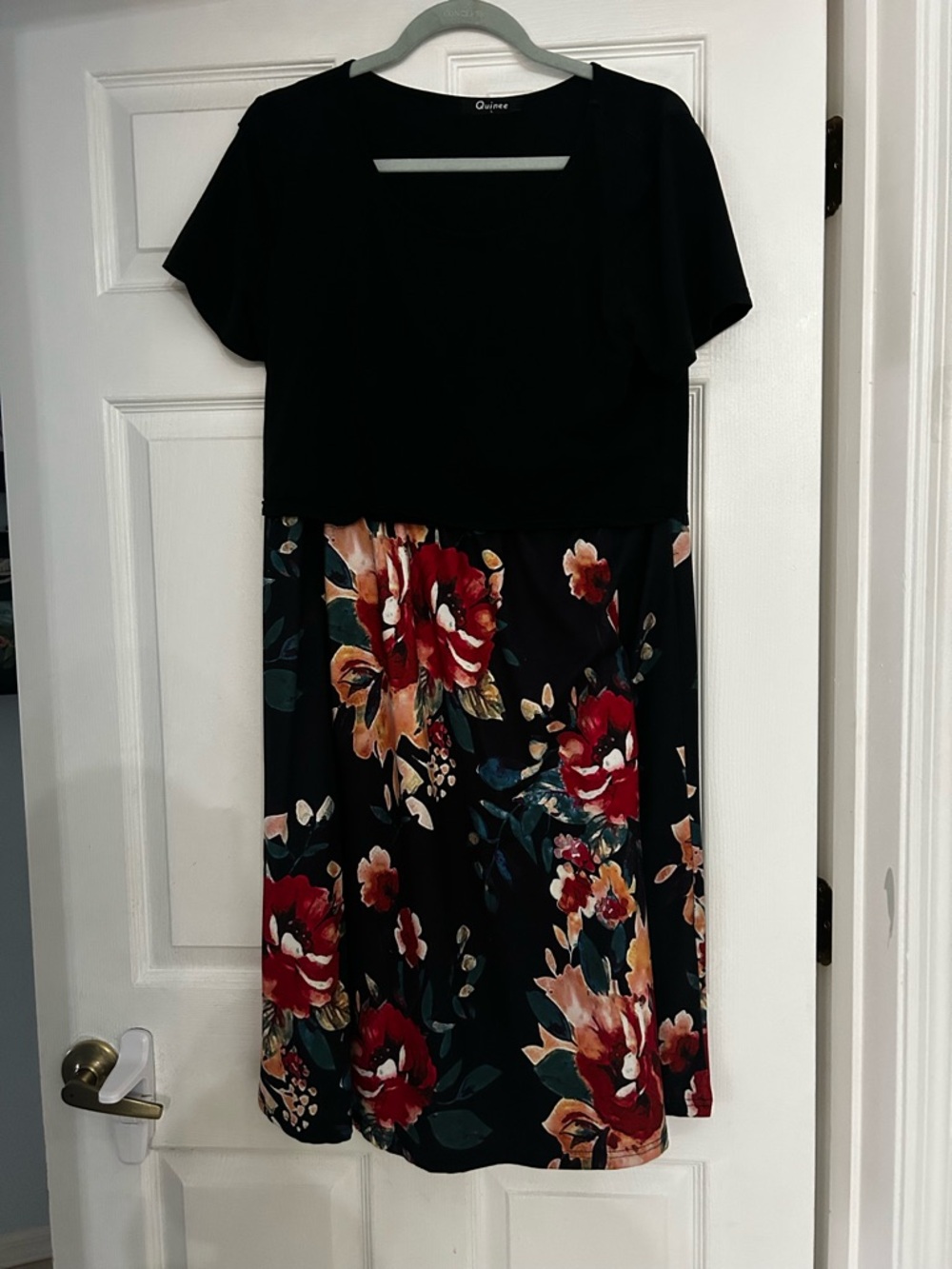 Quince nursing Black Top with Red & Cream Floral Midi Dress
